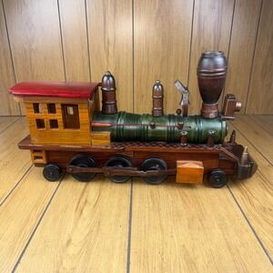 Vintage‎ Wooden Train Engine Locomotive Cabin Car Handmade Folk Art Decor